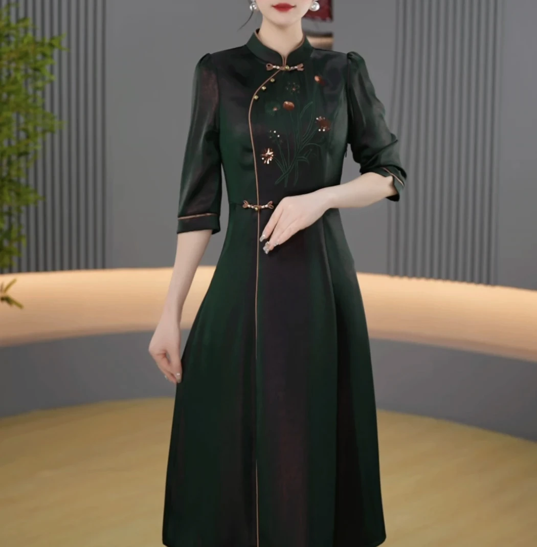 【连衣裙】2025春夏季新款中袖新中式旗袍时尚大气收腰修身显气质