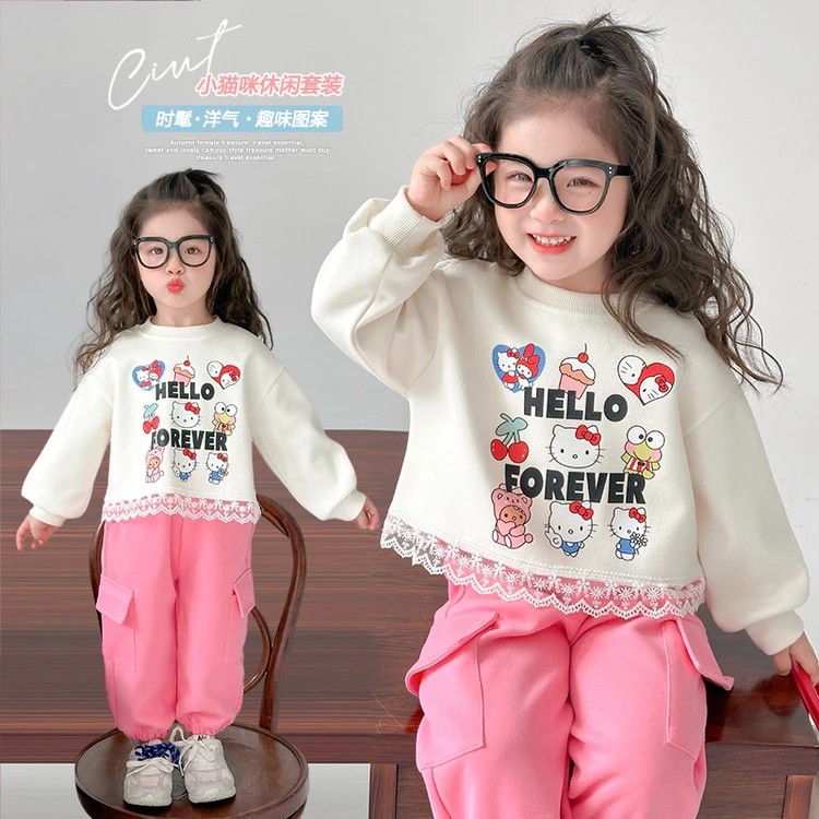 2025春季新款女童套装小猫咪工装裤中小童两件套