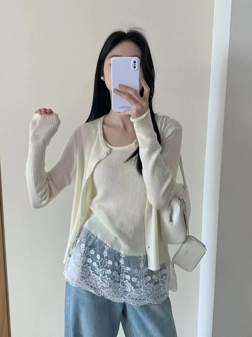 Datou 早春新款韩版小众设计感气质蕾丝边开衫