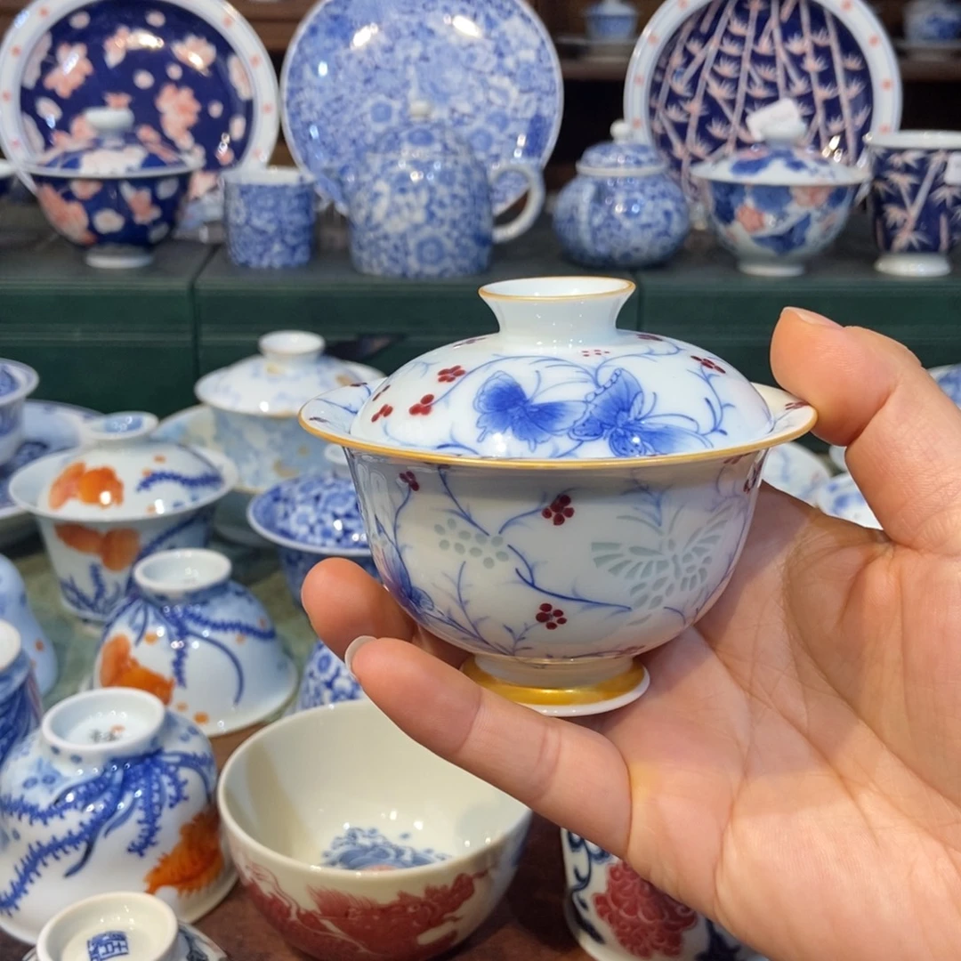 w手绘玲珑蝶恋花盖碗