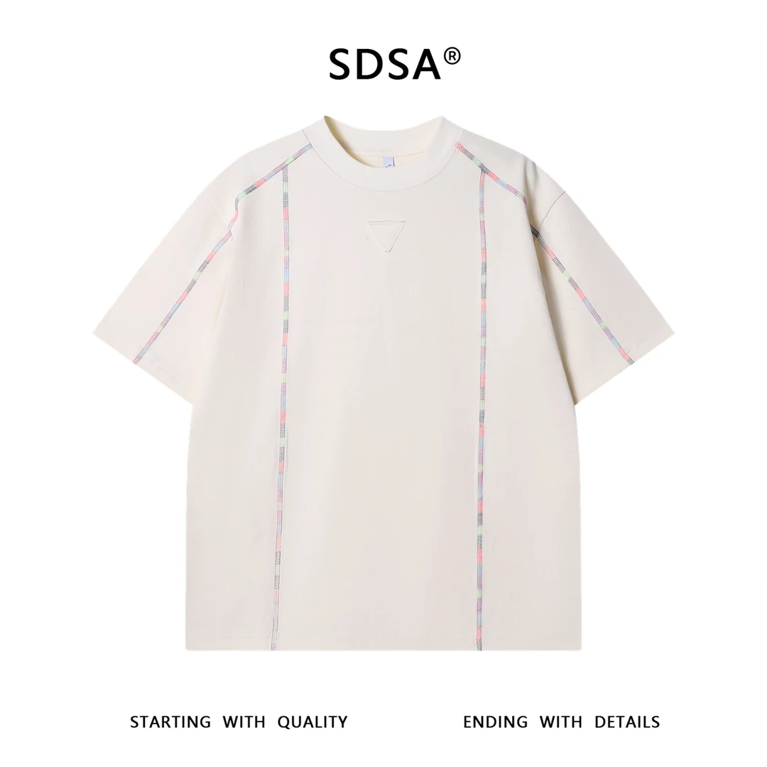 夏季高级感新款韩系潮牌彩色缝线圆领短袖T恤倒三角百搭宽松上衣