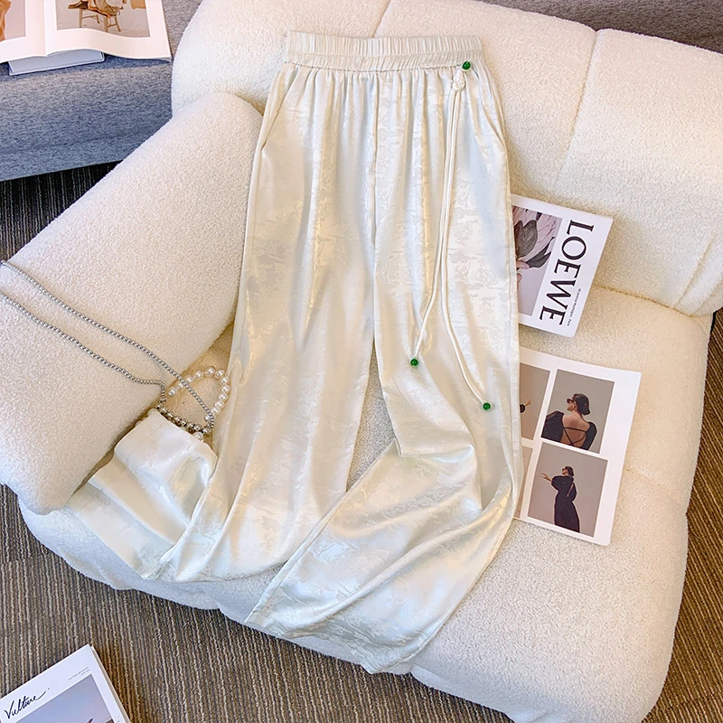 国风提花直筒裤女2025春款新品高腰盘扣流苏缎面垂感裤休闲阔腿裤