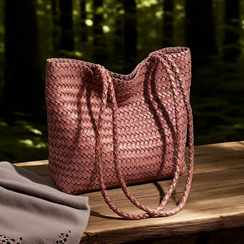 [冰语]2025新款真皮编织包简约休闲慵懒风手提单肩托特包-250615