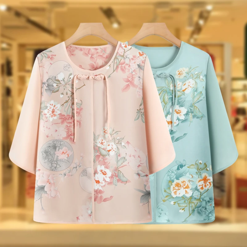 中老年人女国风衬衫夏季薄奶奶七分袖衬衣开衫妈妈装夏装上衣服