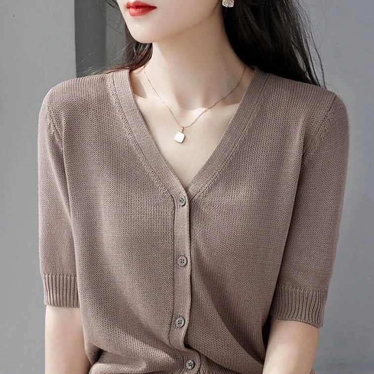 大码冰丝短袖T恤女开衫宽松外穿新款韩版显瘦洋气纯色上衣针织衫