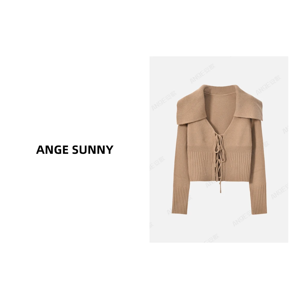 ANGE SUNNY【翻领绑带开衫】时尚新款 纯色翻领针织衫