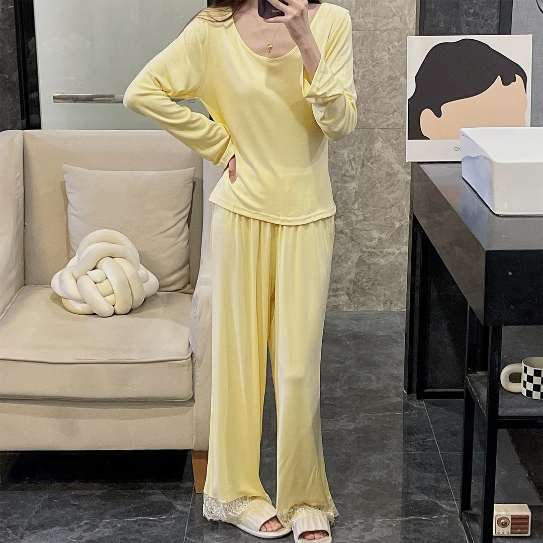 睡衣女士春秋季秋衣秋裤25新款大码舒适黄色高级感家居服冬天套装