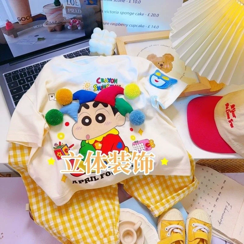 儿童夏季卡通立体玩偶小新印花T恤男女童半袖吸汗透气童趣短袖