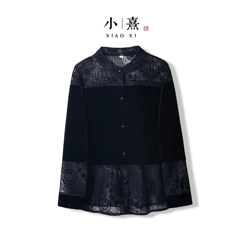 【梦菡】2025新款秋季衬衣女式新中式女宽松高级感丝绒拼接长袖衬衫