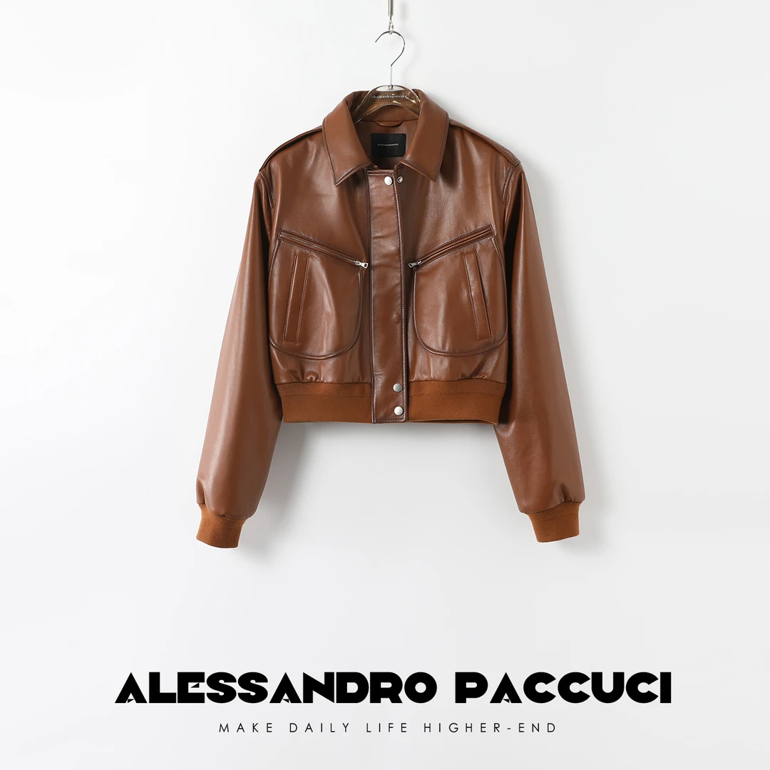 AP洛哥25439X 【黑标】羊皮翻领 短款极简时尚百搭夹克气质真皮皮衣