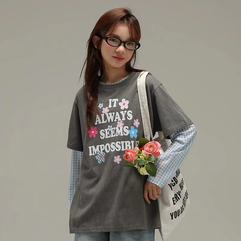 小女森女童夏季T恤花朵字母印花短袖儿童水洗灰宽松休闲百搭上衣