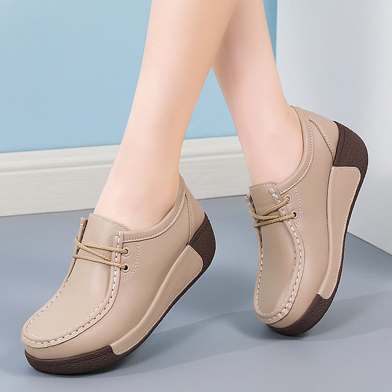 专柜品牌真皮厚底松糕鞋女鞋一脚蹬软底妈妈鞋坡跟摇摇鞋休闲单鞋