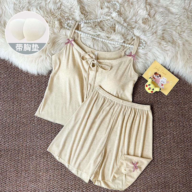 吊带睡衣女款夏季莫代尔2025新款带胸垫背心短裤可爱奶黄色两件套