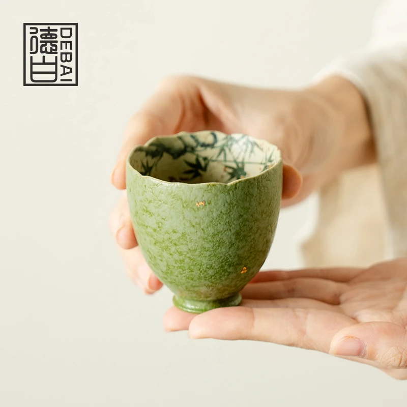 德白手绘金竹功夫茶杯陶瓷茶具家用女士喝茶杯青橘新款品茗杯礼盒