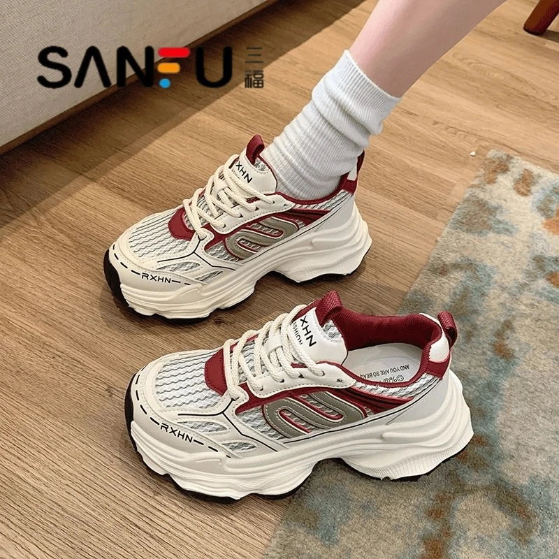 三福透气厚底老爹爆款鞋女2025秋季新款显脚小时尚百搭鞋子女士