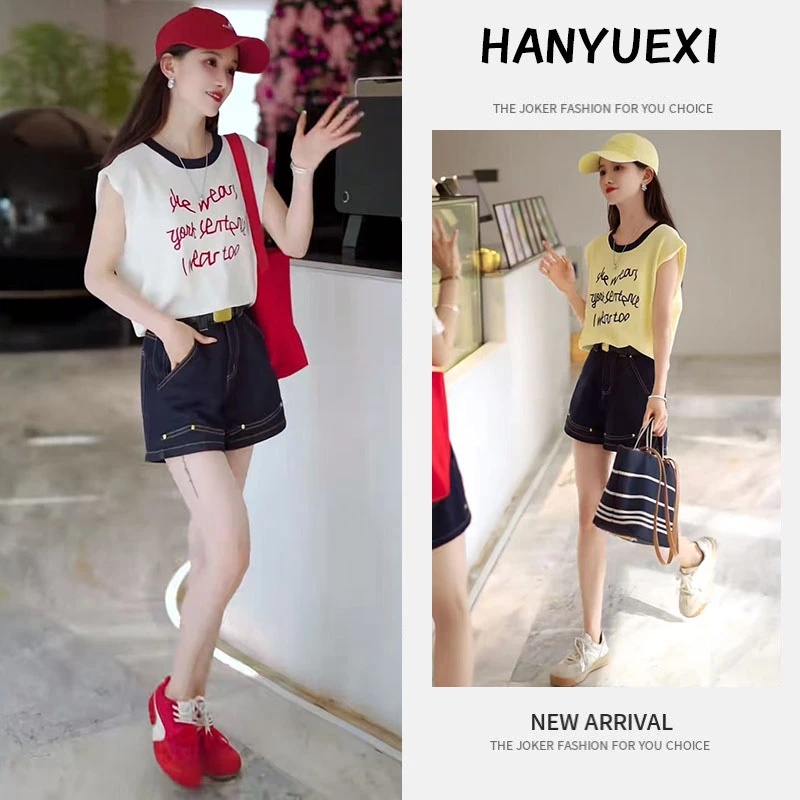 今年流行穿搭一整套2025新款夏季宽松无袖字母印花上衣牛仔裤套装