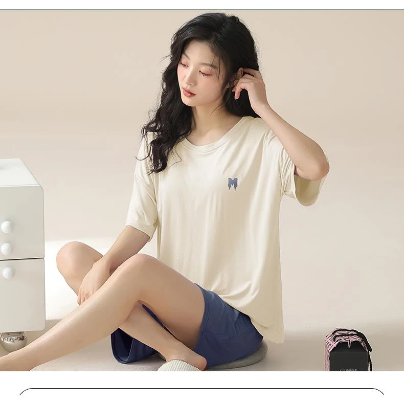 夏季女士短袖透气睡衣皮筋家居服套装短裤睡裙