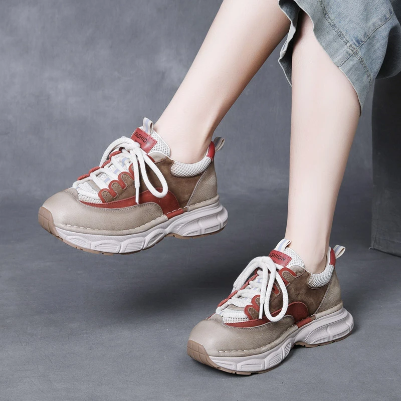 拼色撞色头层牛皮四季款休闲运动手工女鞋2025年春季爆款软皮软底