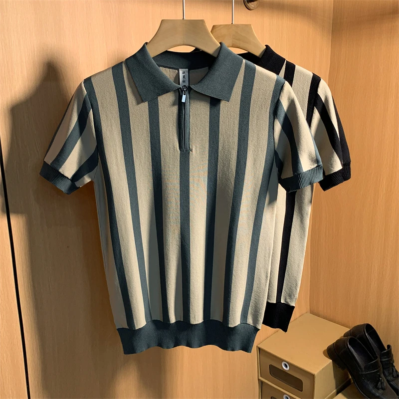 DeweLvum英伦修身条纹短袖POLO衫男冰丝针织休闲翻领半袖上衣男装