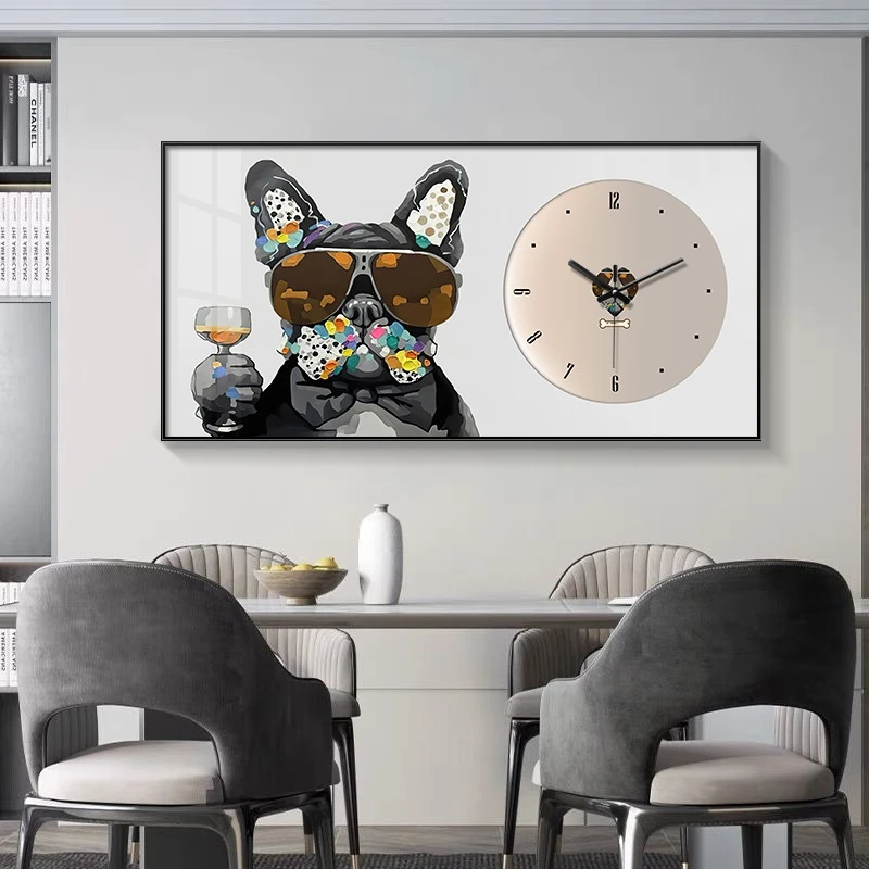钟表挂钟客厅装饰画卡通动物狗饭厅时钟挂墙法斗艺术带钟饭厅挂画