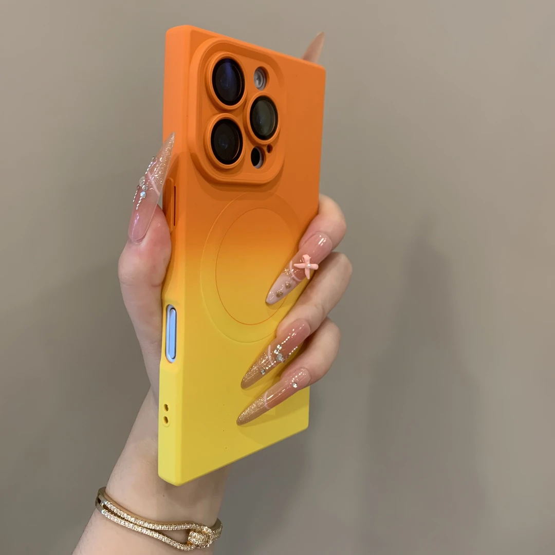 磁吸渐变液态硅胶自带镜头膜适用苹果16promax15/14/13时尚手机壳