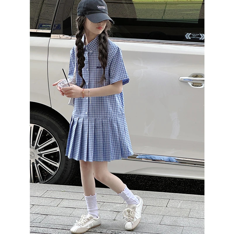 K28625学院风女童格子连衣裙2025新款夏装儿童休闲短袖裙子A字裙