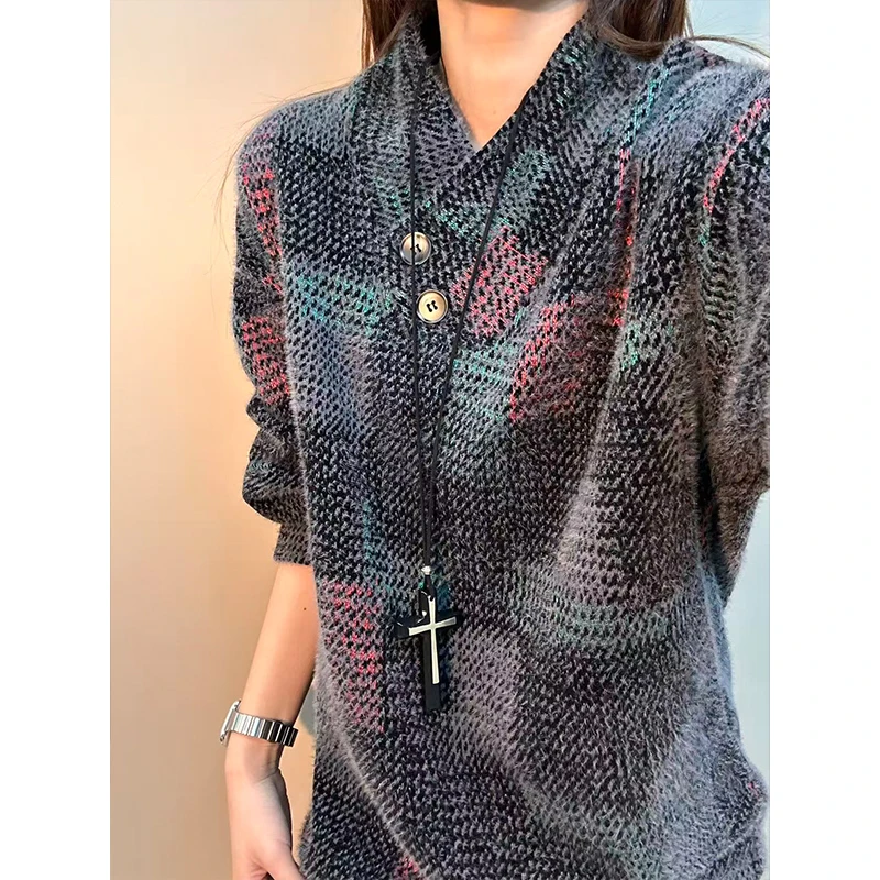 美式cleanfit毛绒针织连帽卫衣男款秋冬复古重磅格子外套休闲上衣