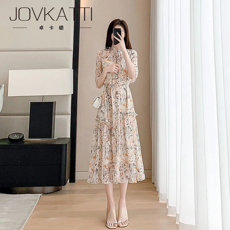 短袖碎花雪纺连衣裙女夏季2025新款过膝显瘦气质温柔风a字裙子女