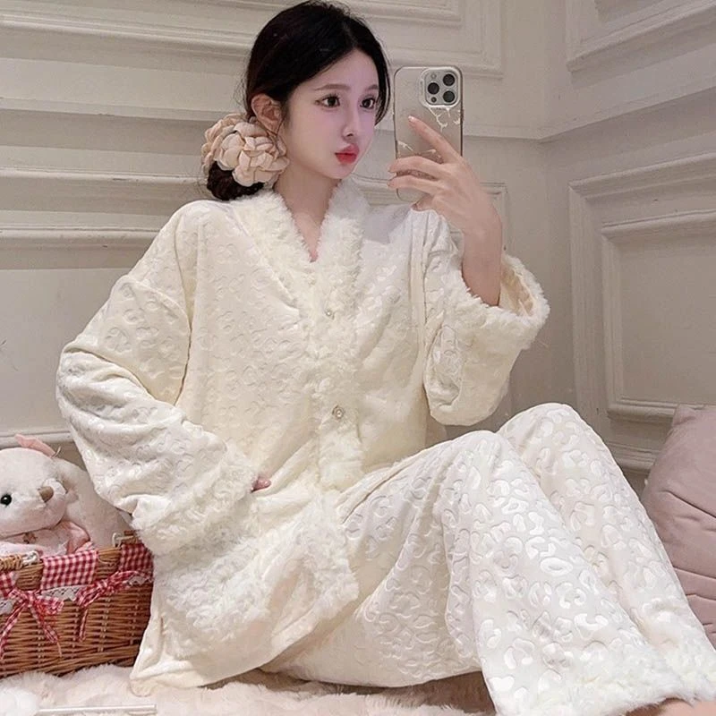 双面海岛绒睡衣女秋冬款2025新款小香风保暖加绒秋冬季家居服套装