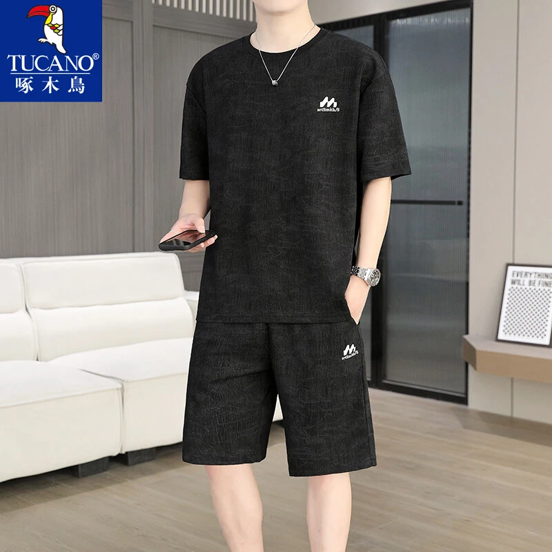 啄木鸟男士短袖套装夏季新款运动t恤短裤一整套休闲男夏装两件套