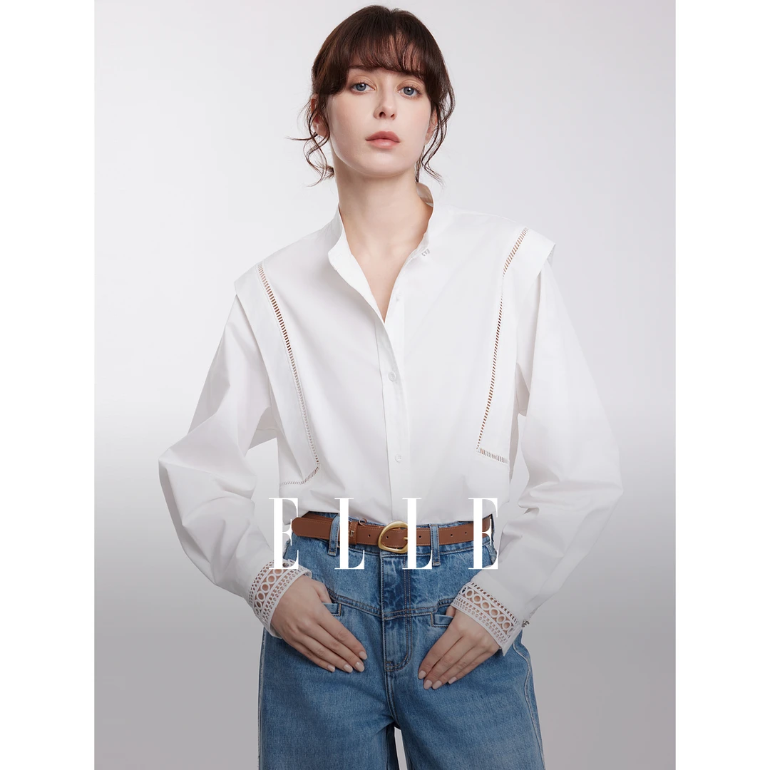 ELLE镂空花边拼接设计感衬衫女2025春季新款优雅EC50979