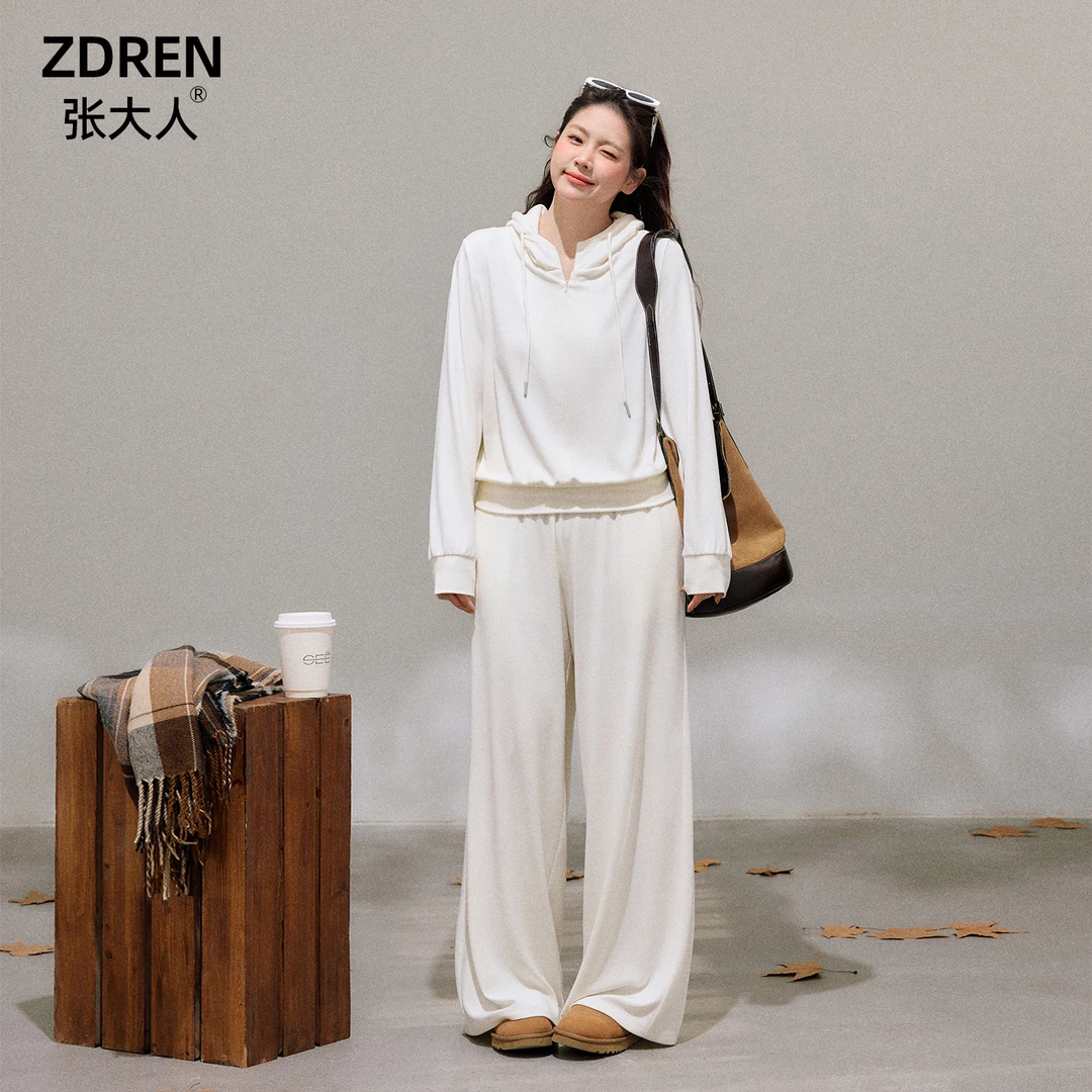 张大人【查尔周末】大码女装微胖妹妹初冬奶白色连帽卫衣休闲套装