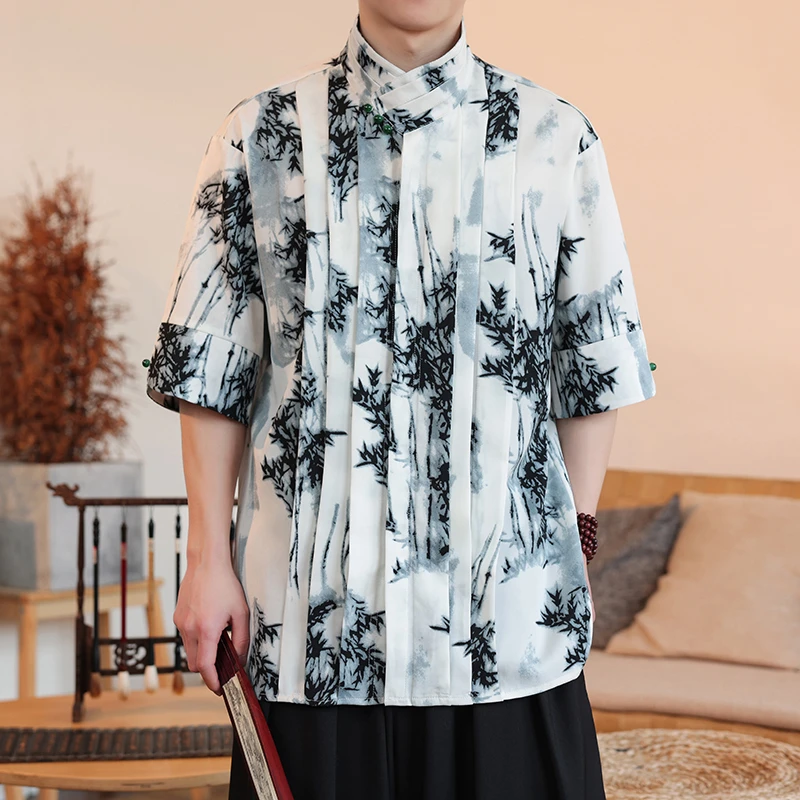 高级感雅痞珍珠扣冰丝衬衫男短袖新中式国风印花百褶衬衣复古唐装