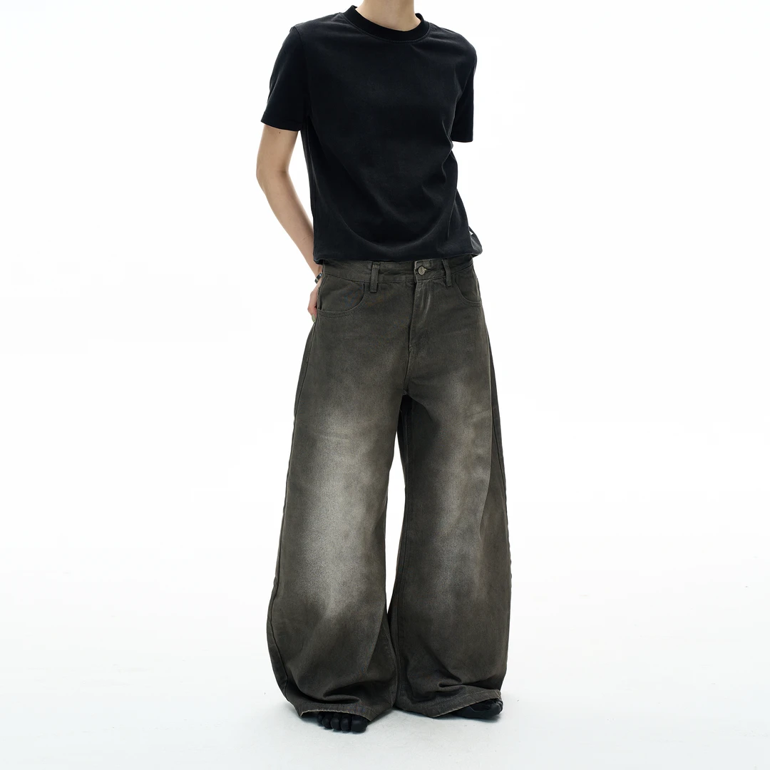 MADWITCH美式潮牌做旧水洗弯刀牛仔裤男女宽松阔腿痞帅设计感裤子