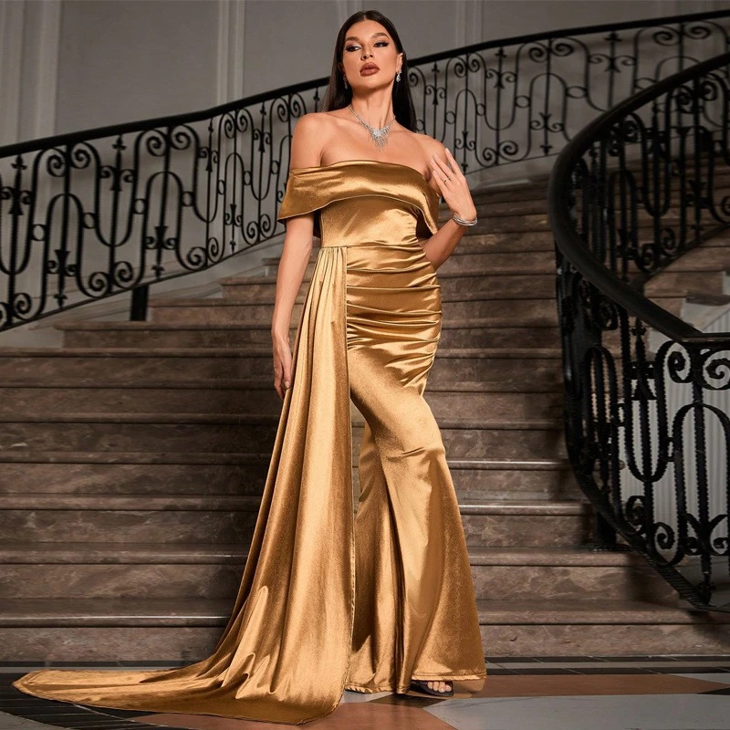 欧美速卖通纯色缎面一字领抹胸高腰晚礼服鱼尾裙长裙连衣裙气质性