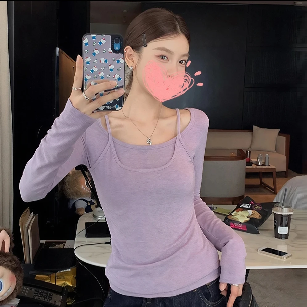 ins叠穿风假两件圆领轻职风显瘦修身纯欲辣妹长袖T恤女早秋打底衫