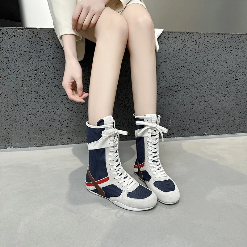 2025春夏走秀款真皮拼色增高运动休闲鞋高帮短筒潮流靴时尚百搭