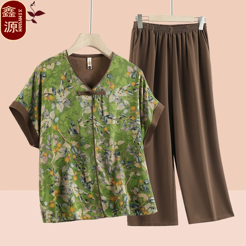 新款妈妈新中式套装中老年女装国风衬衫奶奶装夏季短袖两件套新款
