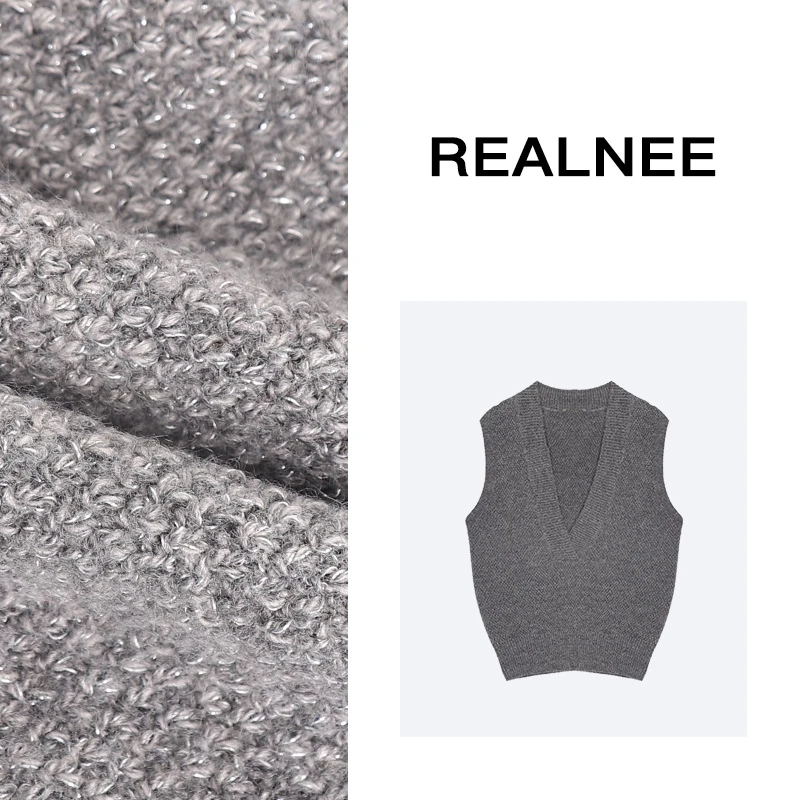 REALNEE【银河】眻毛叠穿V领马甲手工金丝线极简高级感03892