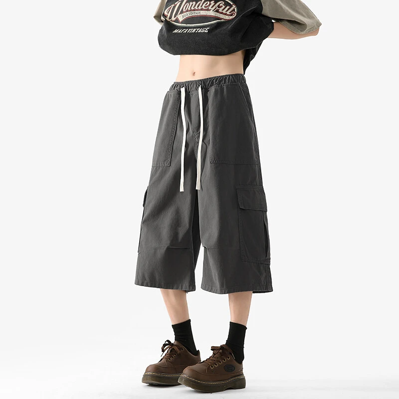 多口袋cleanfit工装短裤男夏季日系复古宽松阔腿休闲过膝七分裤子