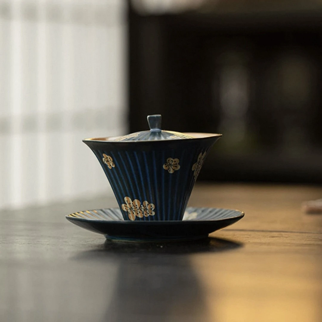 手绘冰梅盖碗三才家用陶瓷茶碗创意防烫高颜值简装日式功夫茶具