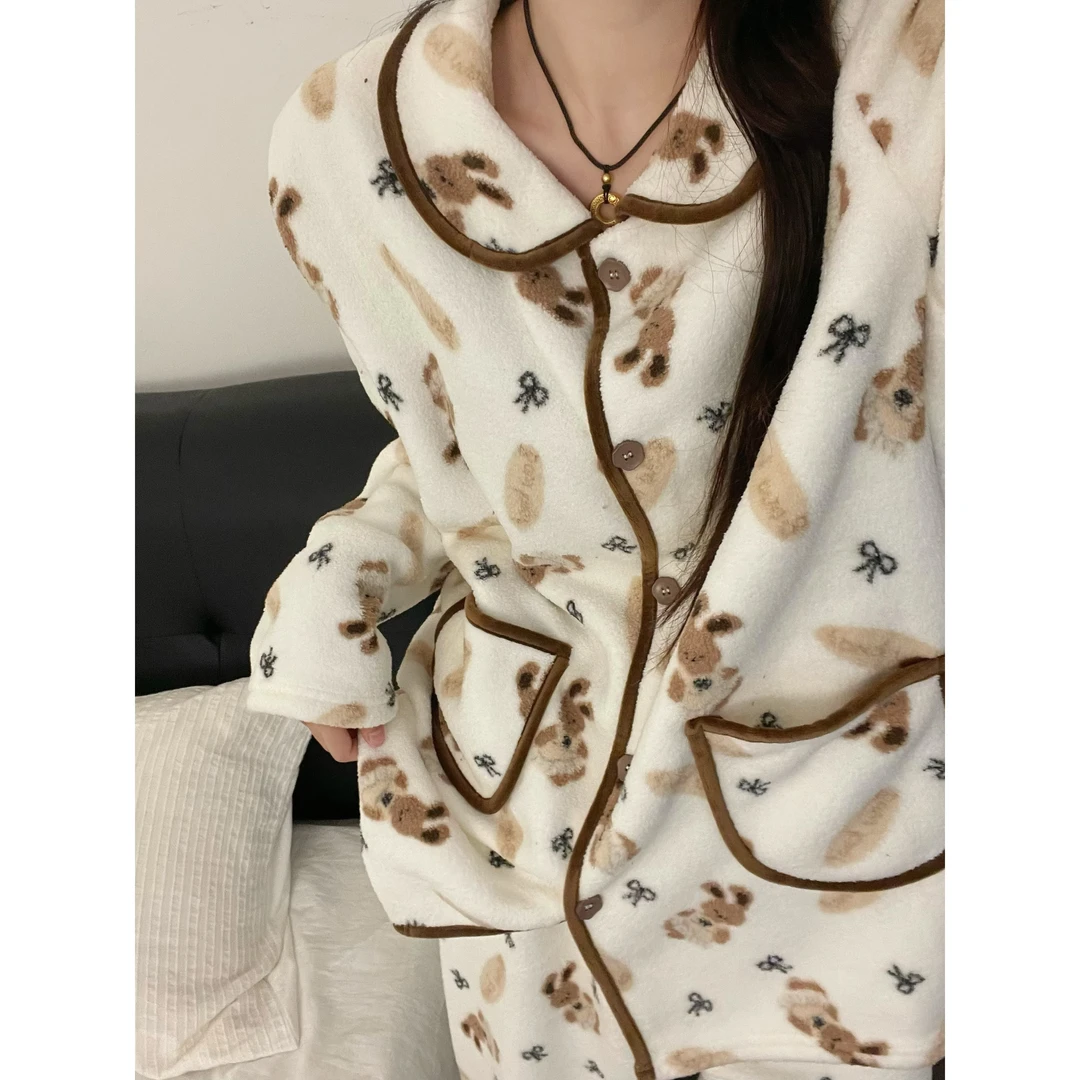 甜美卡通兔子毛绒法兰绒睡衣女冬季新款加厚保暖家居服套装可外穿