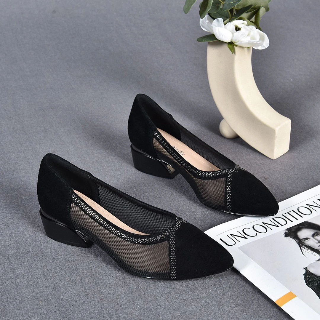 2024春夏季新款尖头平底单鞋女网纱真皮女鞋春款粗跟浅口镂空皮鞋