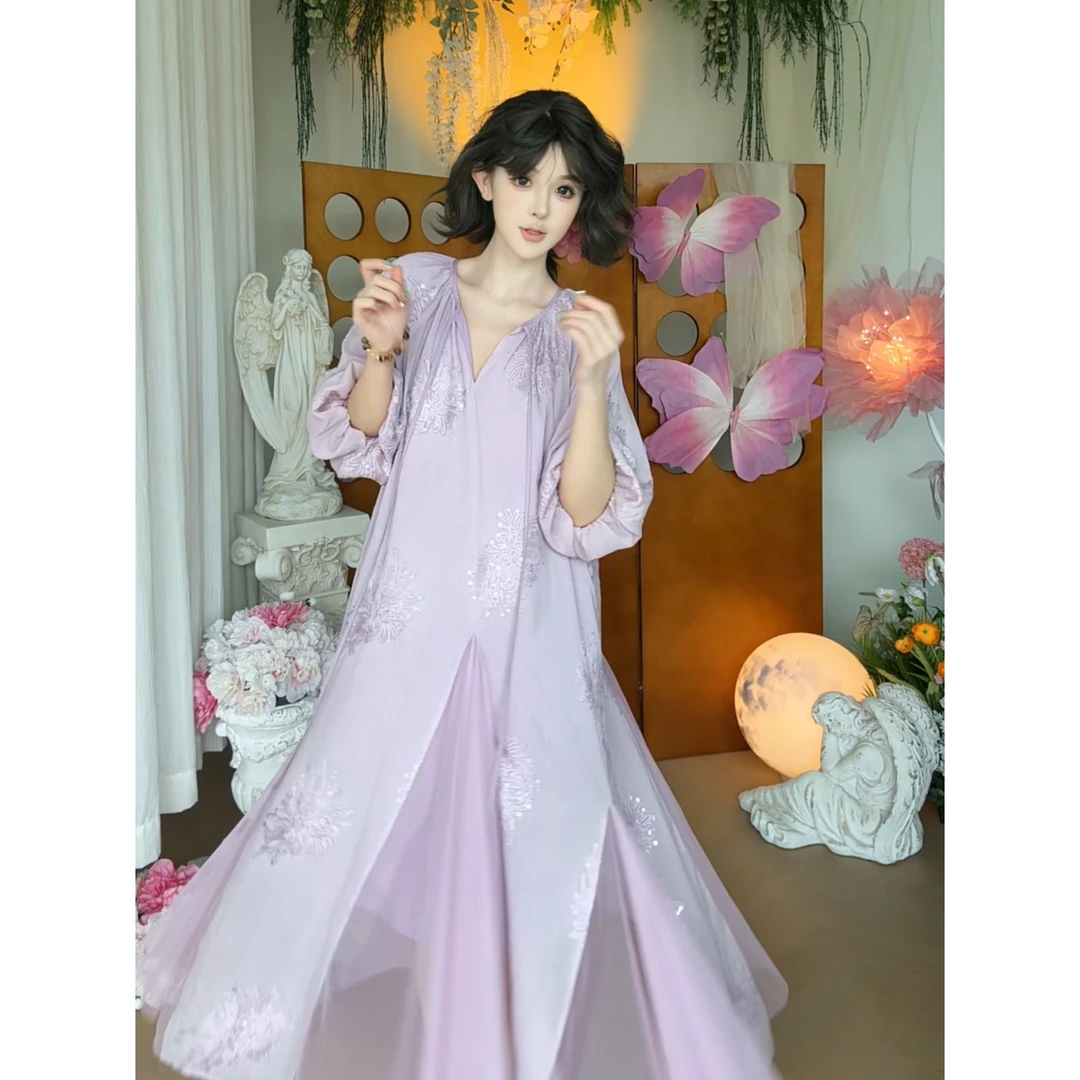 【Panda’s garden】（云端鸢尾）原创重工刺绣仙气女神微胖连衣裙