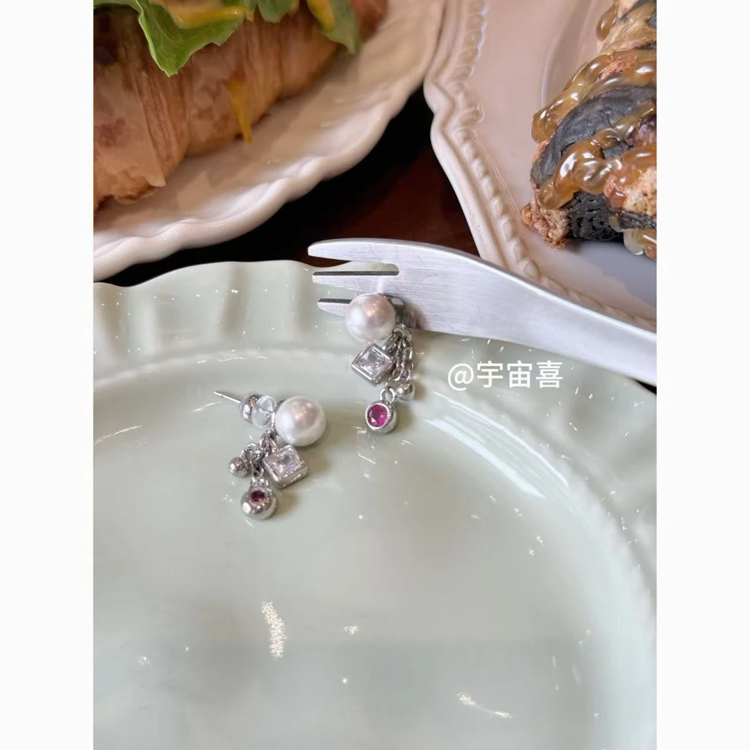 铜合金锆石耳饰 T4-046 迷你贝珠前后坠迷你彩锆杨梅冰流苏耳钉