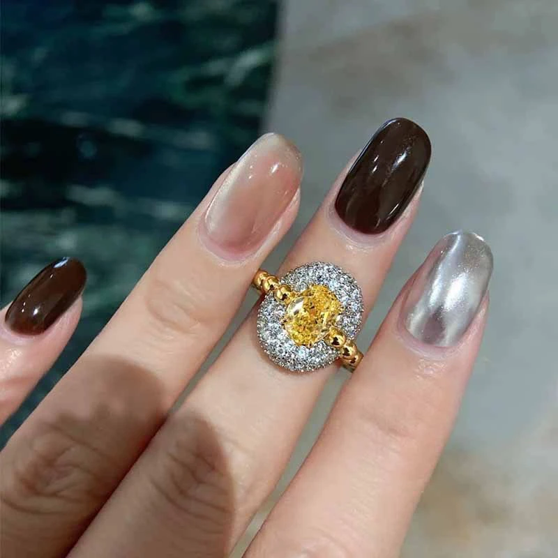 925银合成锆石戒指 黄钻招财冰花切蛋面轻奢设计小众银戒指女