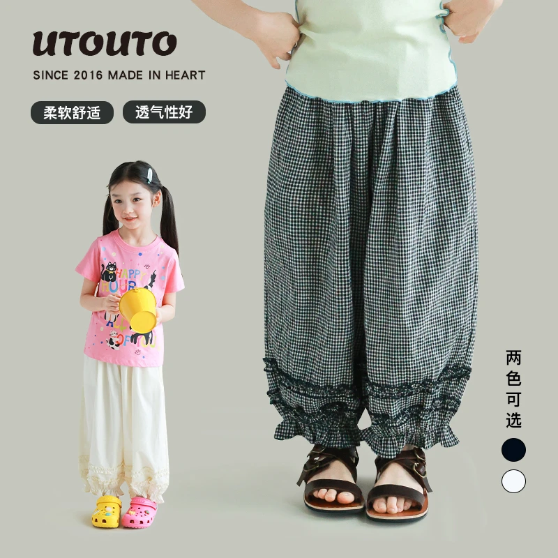 utouto大耳象女童格纹纯色花边裤2025夏季新款防蚊长裤子2503496