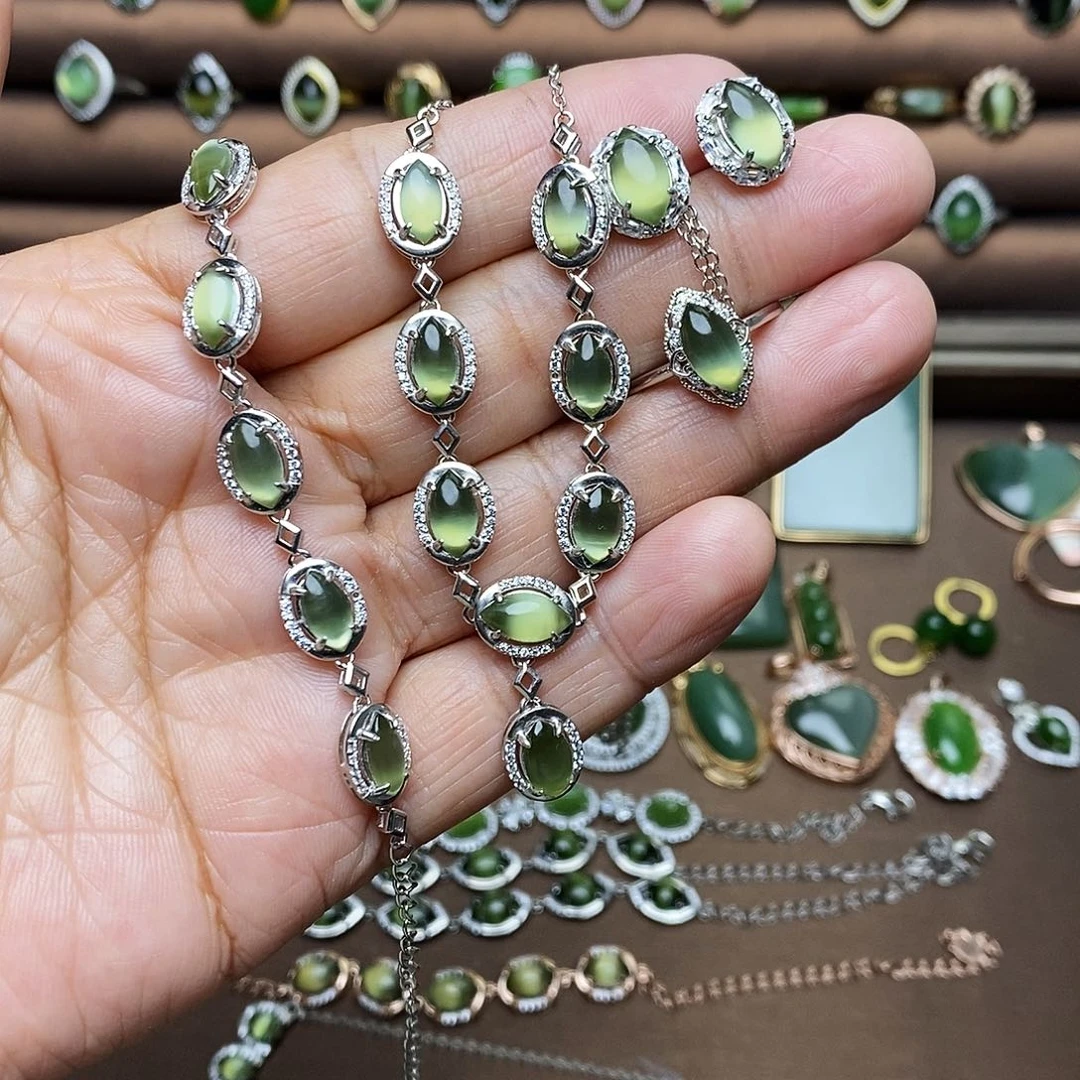 吊坠(不含链)银S925镶嵌和田玉（碧玉）套装