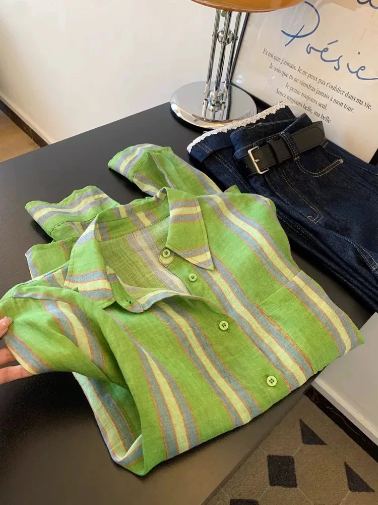 T夏季设计感新款单排扣拼色条纹衬衫慵懒风复古防晒韩版长袖上衣