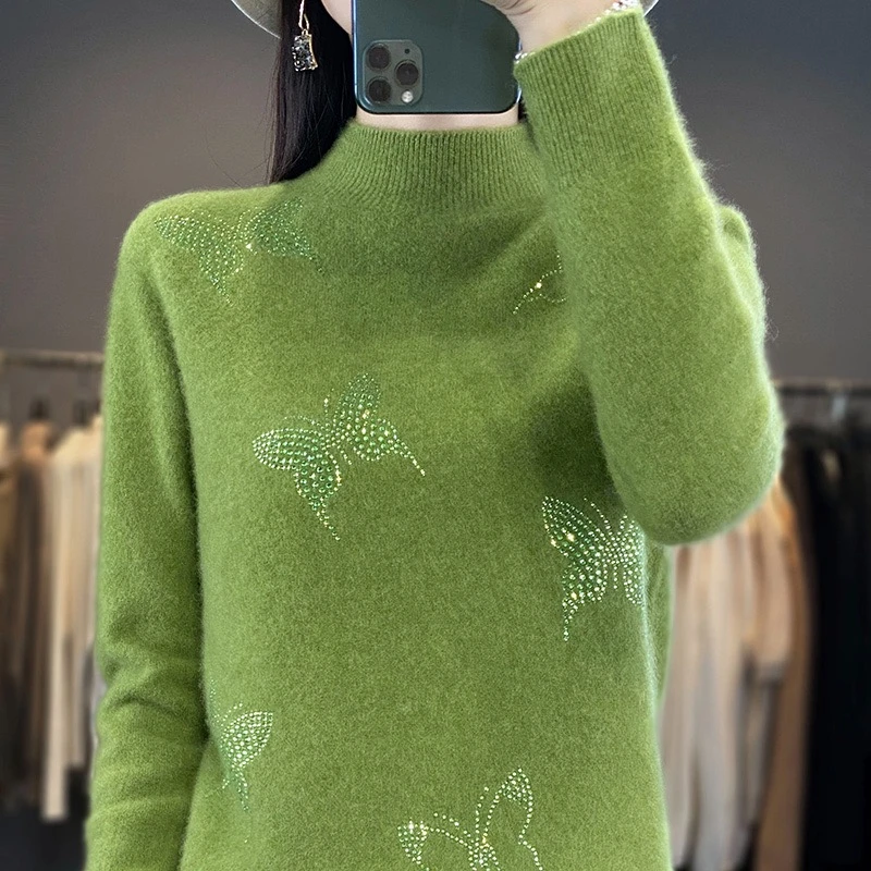 【商场经典新款】一线成衣100%山羊绒半高领蝴蝶钻显瘦打底衫L118